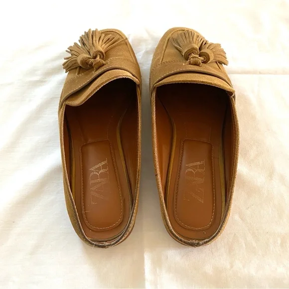 Zara Suede Tan/Brown Loafer Mules Women’s EU 39 Slip-On Flats Tassel - Picture 6 of 11